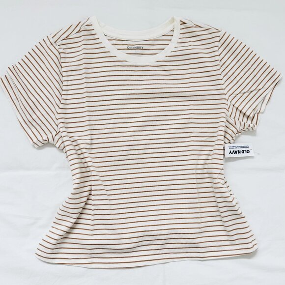 NEW NWT Old Navy Bestee Crewneck white stripe t-shirt tan brown size L Large - Picture 2 of 3